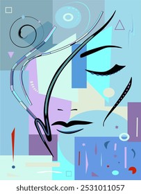 A stylized face is portrayed with closed eyes, integrated seamlessly into a geometric composition of swirling lines and pastel shapes. Soft blues, purples, and pinks dominate the color palette