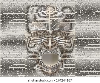 Stylized face screaming man of the extruded surface newspaper page. Vector seamless pattern with newspaper columns. Text in newspaper page unreadable.