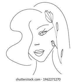 Stylized face of a woman with flower. A hand-drawn portrait of a young girl in the style of a single line. Fashion design
