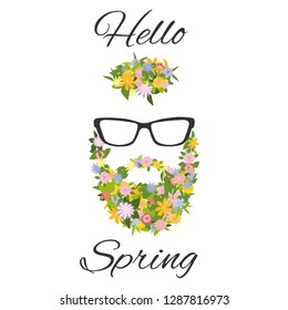 The stylized face of a young man with glasses, a beard and a mustache from spring flowers. Vector image. Hello Spring.
