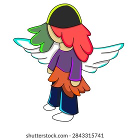 Stylized faceless anime character vector illustration with white angel wings, colorful red and green hair, and streetwear clothing isolated on a white background. Creative urban fantasy angel or modern teen mascot graphic design suitable for streetwear fashion, comics, gaming, stickers, and youth culture