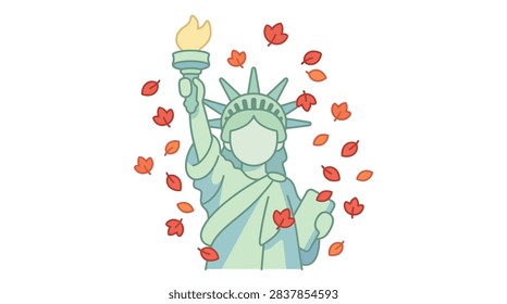 A stylized, faceless vector depiction of the Statue of Liberty (Lady Liberty) holding her torch and tablet. The monument is rendered in soft green tones and is encircled by various falling maple and autumn leaves in shades of red and orange. The entire graphic is set against a clean, white background, suitable for seasonal New York travel designs or patriotic autumn themes.