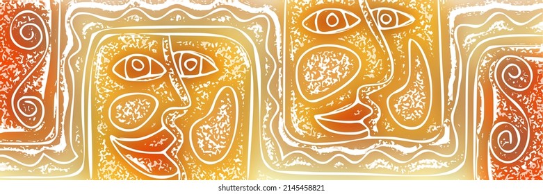Stylized faces  abstract creatures in ethnic style  vector banner