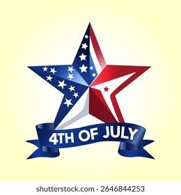 Uma estrela estilizada e facetada em vermelho, branco e azul, adornada com estrelas brancas, é drapeada com uma fita azul proclamando "4 DE JULHO" contra um fundo de gradiente amarelo suave.