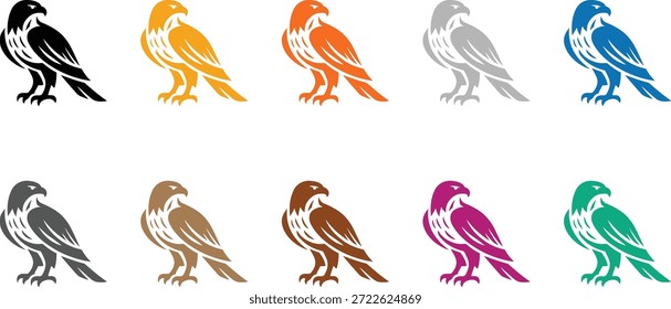 Stylized falcon icons in multiple colors, Colorful bird of prey silhouettes vector