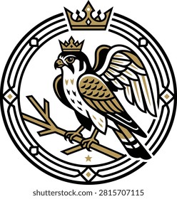 Stylized falcon perched on a branch with a crown above, featuring intricate design elements