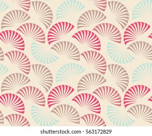 stylized fan shaped foliage seamless pattern in blue and pink shades