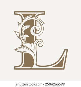 stylized fancy letter L with a leaf flower vintage ornament