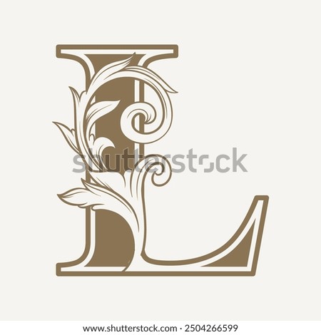 stylized fancy letter L with a leaf flower vintage ornament