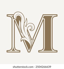 stylized fancy letter M with a leaf flower vintage ornament