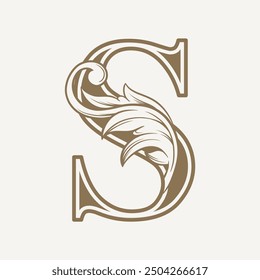 stylized fancy letter S with a leaf flower vintage ornament