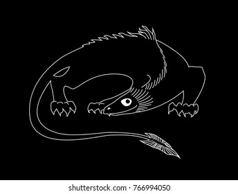 Stylized fantastic dragon. White outline vector image on black background. Sketch style, graphic image.  