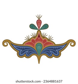 Stylized fantastic flower. Symmetrical floral folk motif. Russian medieval ornament. Isolated vector illustration.