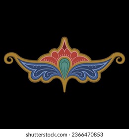 Stylized fantastic flower. Symmetrical floral folk motif. Russian medieval ornament. On black background.
