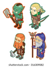 Stylized fantasy characters. The dwarf, mage, orc, elf