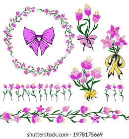 Stylized fantasy flowers, seamless border brush, wreath, bouquet сlip art set. Assorted floral elements template collection isolated on white. Miscellaneous botanic objects pack for greeting card