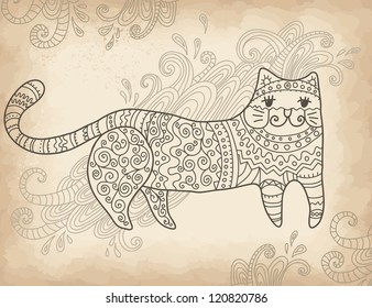 Stylized fantasy patterned cat. Hand drawn vector illustration. Can be used separately from backdrop