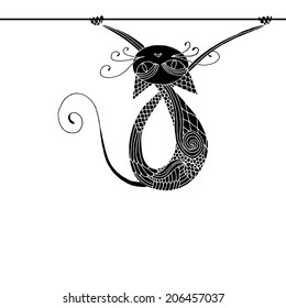 Stylized fantasy patterned cat. Hand drawn vector illustration with floral elements. 