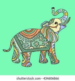 Stylized fantasy patterned elephant. Ethnic tribal styled pattern. Colored zentangle animal. Boho design. Vector.