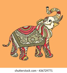 Stylized fantasy patterned elephant. Ethnic tribal styled pattern. Colored zentangle animal. Boho design. Vector.