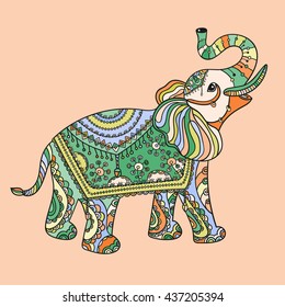 Stylized fantasy patterned elephant. Ethnic tribal styled pattern. Colored zentangle animal. Boho design. Vector.