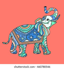 Stylized fantasy patterned elephant. Ethnic tribal styled pattern. Colored zentangle animal. Boho design. Vector.