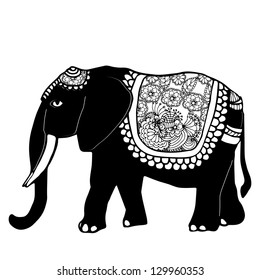 Stylized fantasy patterned elephant. Hand drawn vector illustration.