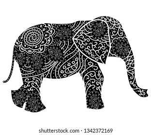 Stylized fantasy patterned elephant. Hand drawn illustration. separately from backdrop