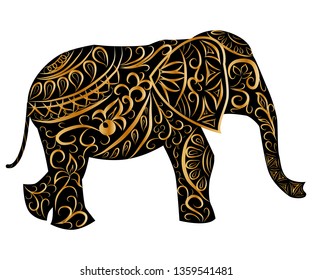 Stylized fantasy patterned elephant. Hand drawn illustration. separately from backdrop