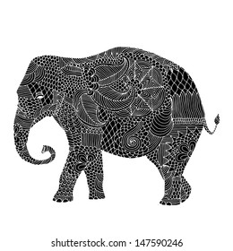 Stylized fantasy patterned elephant. Hand drawn vector illustration with floral elements. Original hand drawn elephant. 