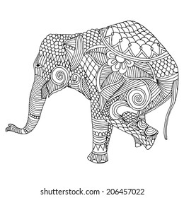 Stylized fantasy patterned elephant. Hand drawn vector illustration with floral elements. Original hand drawn elephant. 