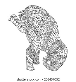 Stylized fantasy patterned elephant. Hand drawn vector illustration with floral elements. Original hand drawn elephant. 