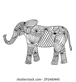 Stylized fantasy patterned elephant. Hand drawn vector illustration with floral elements. Original hand drawn elephant