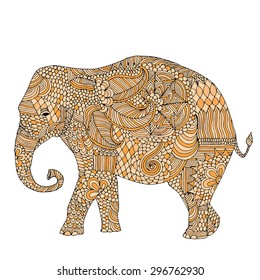 Stylized fantasy patterned elephant. Hand drawn vector illustration with floral elements. Original hand drawn elephant