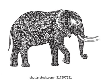 Stylized fantasy patterned elephant. Hand drawn vector illustration with traditional oriental floral elements