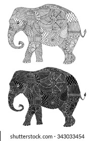 Stylized fantasy patterned elephant. Hand drawn vector illustration with floral elements. Original hand drawn elephant