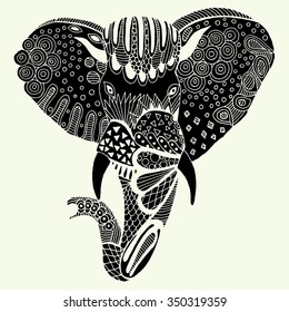 Stylized fantasy patterned elephant. Hand drawn vector illustration with floral elements. Original hand drawn elephant