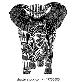 Stylized fantasy patterned elephant. Hand drawn vector illustration with floral elements. Original hand drawn elephant