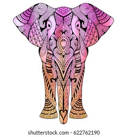 Stylized fantasy patterned elephant. Hand drawn vector illustration isolated on white background. Zentangle and watercolor animal.