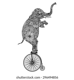 Stylized fantasy patterned elephant on vintage bicycle 