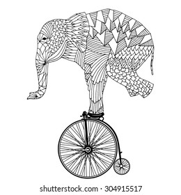 Stylized fantasy patterned elephant on vintage bicycle 
