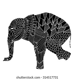 Stylized fantasy patterned elephant on front feet. Good for T-shirt, bag or whatever print. Vector illustration