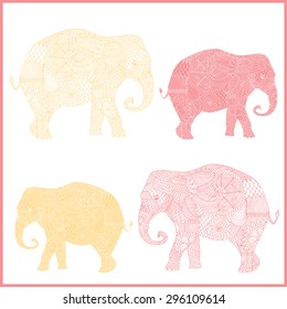 Stylized fantasy patterned elephant variations. Hand drawn vector illustration with floral elements. Original hand drawn elephant. 