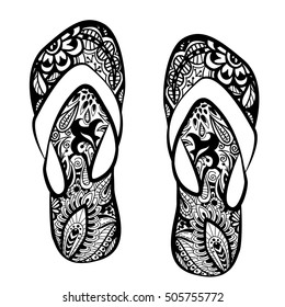 Stylized fantasy patterned pair of flip flops. Ornamental line art. Hand drawn doodle tattoo