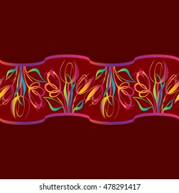 Stylized Fantasy Tulips. Vector illustration. Horizontal Seamless Pattern, border