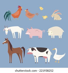 Stylized Farm animals collection, with nine different farm animals like: rooster, hen, chicken, rabbit, pig, sheep, horse, cow and duck vector illustration. 