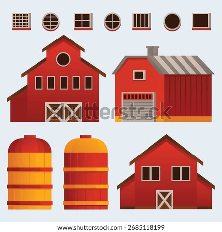 A stylized farm scene featuring red barns, silos, and a barn-style warehouse, with roofed sheds and window accents. Ideal for rural, agricultural