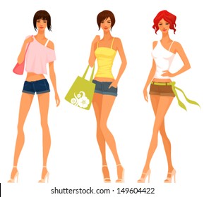 Stylized fashion illustration, beautiful young women in summer fashion. Isolated on white. Vector eps file.