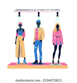 Stylized fashion mannequins display showcase in boutique. Modern flat illustration scene. Urban fashion sketch.