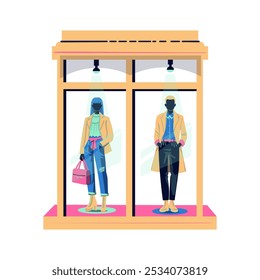 Stylized fashion mannequins display showcase in boutique. Modern flat illustration scene. Urban fashion sketch.